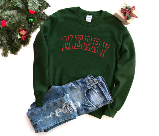 MERRY BLOCK LETTERS SWEATSHIRT- FOREST GREEN